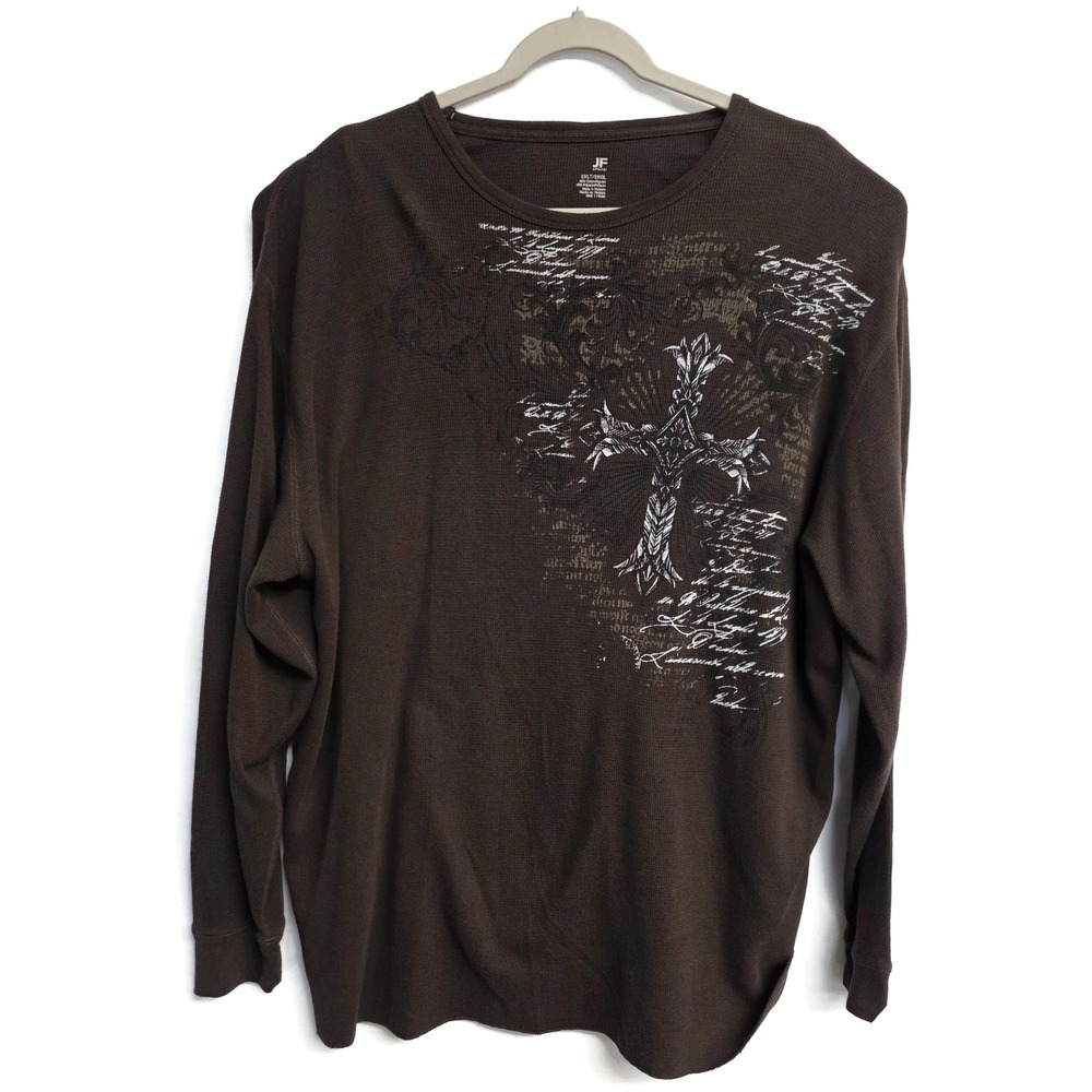 Y2K Thermal Shirt Mens 2XLT Brown Waffle Knit Cross Gothic Script Affliction